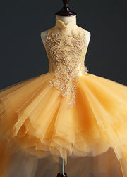 Fashion Yellow Stand Collar Embroideried Tulle Kids Long Dresses Sleeveless