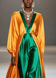 Fashion Yellow V Neck Patchwork Silk Fake Two Piece Long Dress Spring