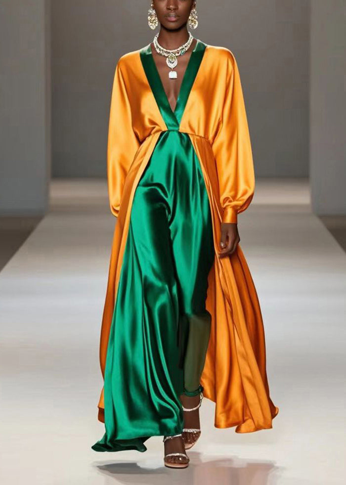 Fashion Yellow V Neck Patchwork Silk Fake Two Piece Long Dress Spring