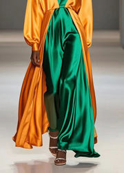 Fashion Yellow V Neck Patchwork Silk Fake Two Piece Long Dress Spring