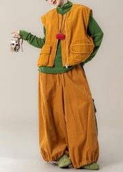 Fashion Yellow Zip Up Pockets Corduroy Women Sets 3 Pieces Winter