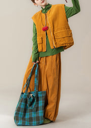 Fashion Yellow Zip Up Pockets Corduroy Women Sets 3 Pieces Winter