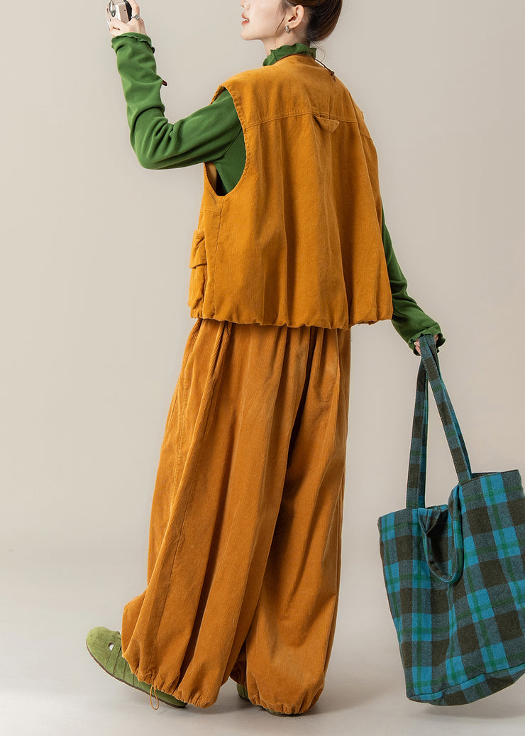 Fashion Yellow Zip Up Pockets Corduroy Women Sets 3 Pieces Winter