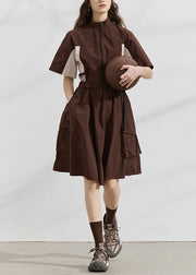 Fashion Zip Up Patchwork Tops And Skirts Cotton Two Pieces Set Summer