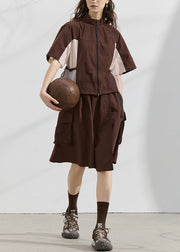 Fashion Zip Up Patchwork Tops And Skirts Cotton Two Pieces Set Summer