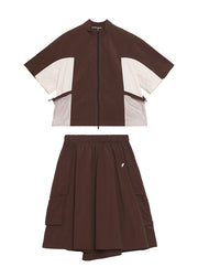 Fashion Zip Up Patchwork Tops And Skirts Cotton Two Pieces Set Summer