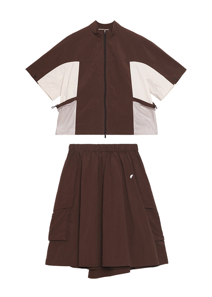 Fashion Zip Up Patchwork Tops And Skirts Cotton Two Pieces Set Summer
