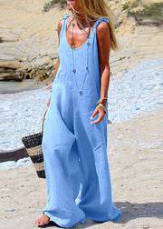 Female Navy Blue Sleeveless Wide leg Side Button Jumpsuit