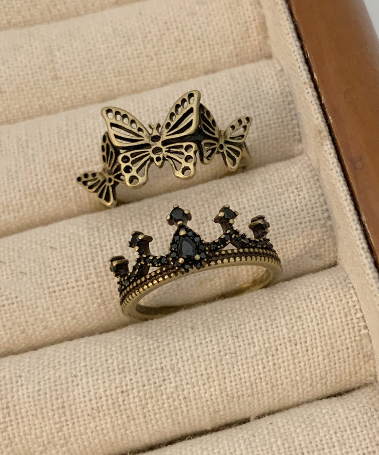 Fine Ancient Gold Metal Butterfly Crown Hollow Out Rings Two Piece Set