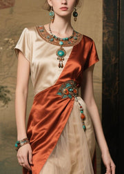 Fine Apricot Asymmetrical Patchwork Side Open Silk Long Dress Summer