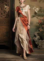 Fine Apricot Asymmetrical Patchwork Side Open Silk Long Dress Summer