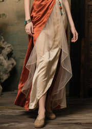 Fine Apricot Asymmetrical Patchwork Side Open Silk Long Dress Summer