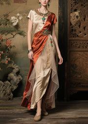 Fine Apricot Asymmetrical Patchwork Side Open Silk Long Dress Summer