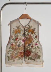 Fine Apricot Embroidered Chinese Button Silk Top Sleeveless