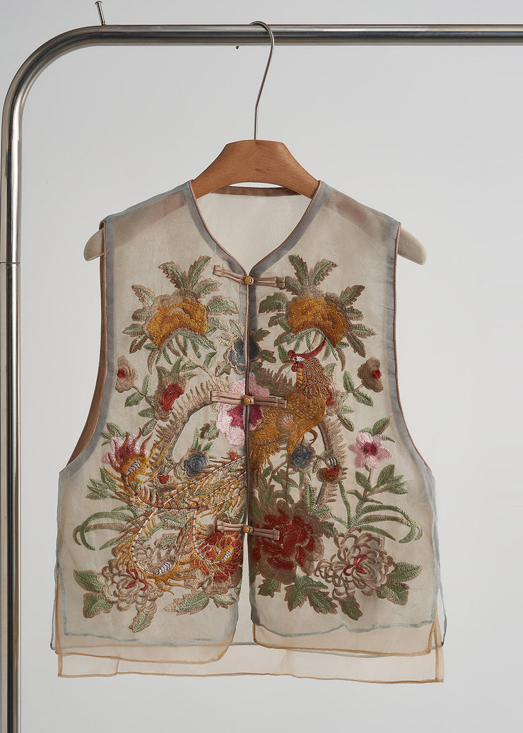 Fine Apricot Embroidered Chinese Button Silk Top Sleeveless