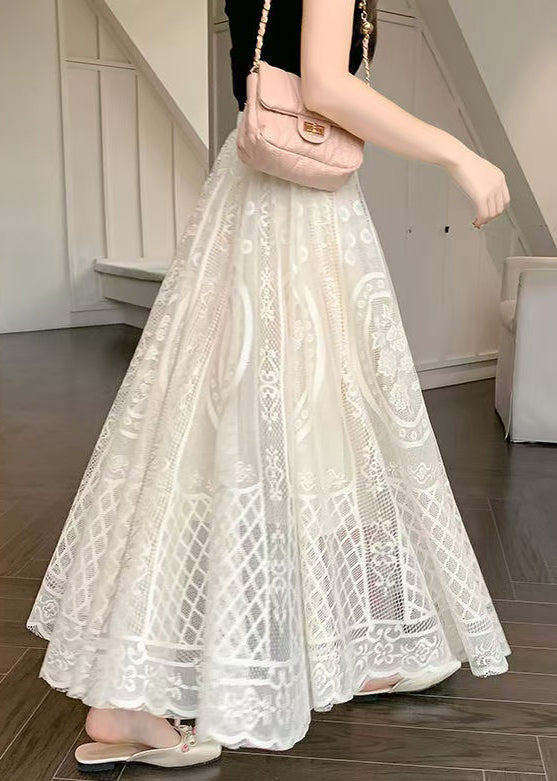 Fine Apricot Embroidered Elastic Waist Lace Skirt Summer