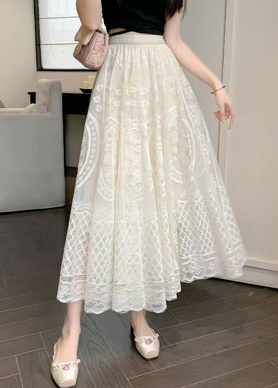 Fine Apricot Embroidered Elastic Waist Lace Skirt Summer