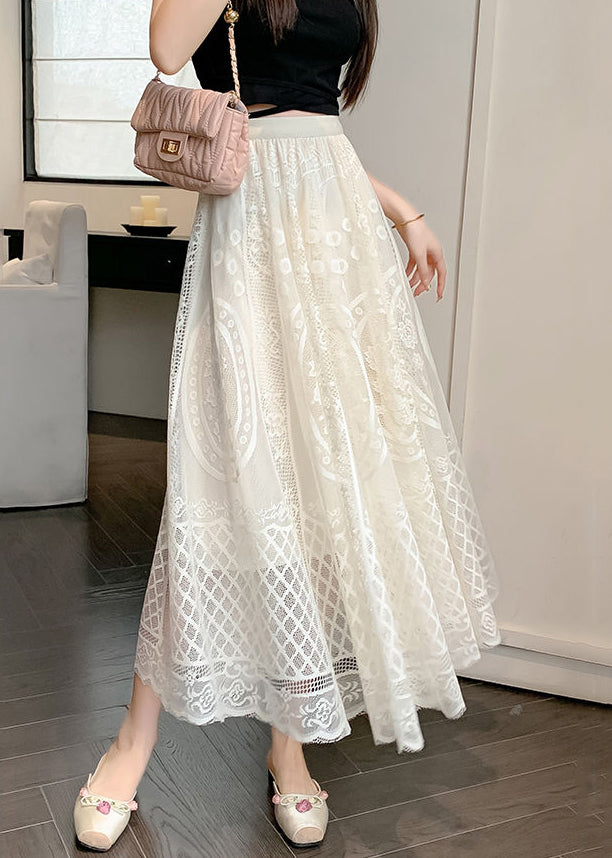 Fine Apricot Embroidered Elastic Waist Lace Skirt Summer