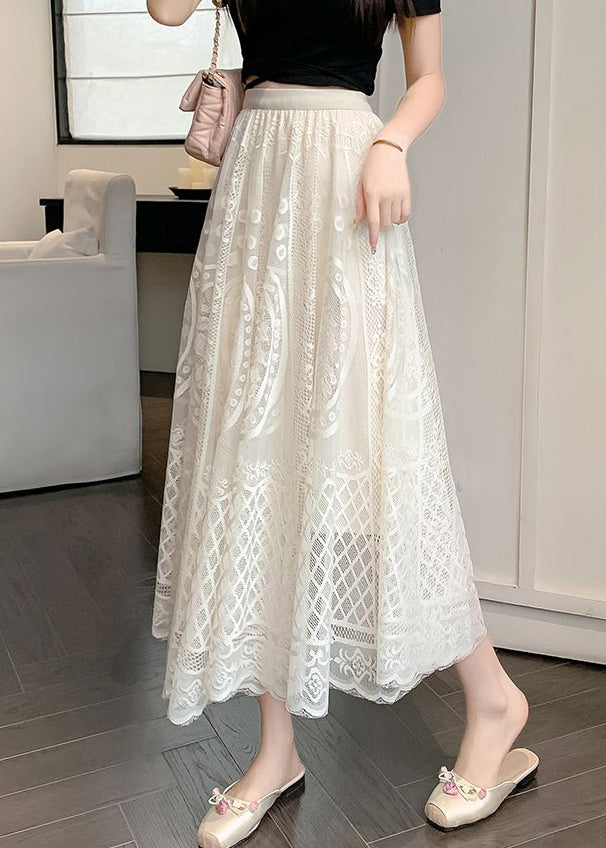Fine Apricot Embroidered Elastic Waist Lace Skirt Summer