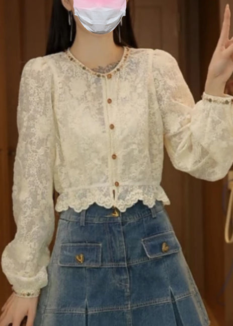 Fine Apricot Embroidered Nail Bead Lace Blouses Fall