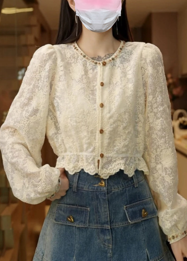 Fine Apricot Embroidered Nail Bead Lace Blouses Fall