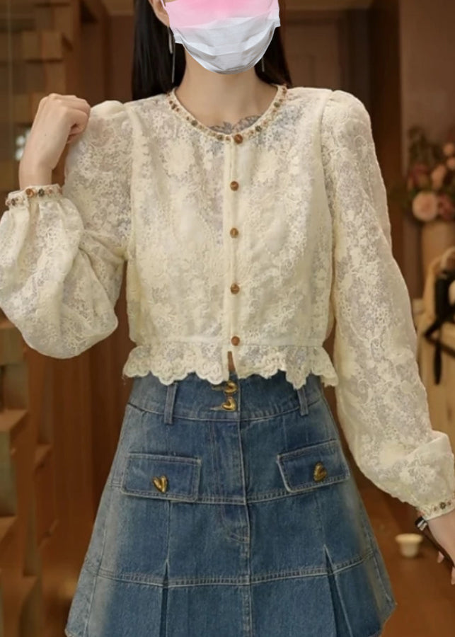 Fine Apricot Embroidered Nail Bead Lace Blouses Fall