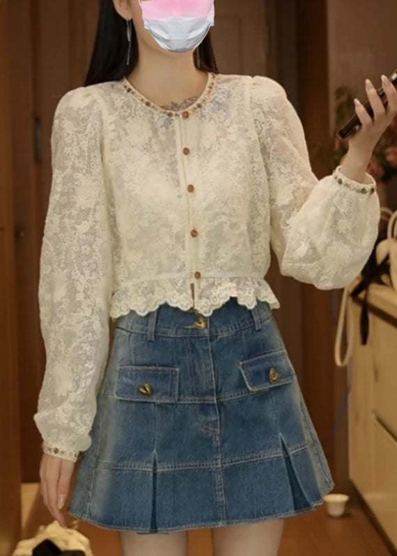 Fine Apricot Embroidered Nail Bead Lace Blouses Fall
