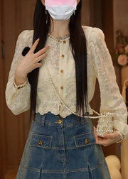 Fine Apricot Embroidered Nail Bead Lace Blouses Fall