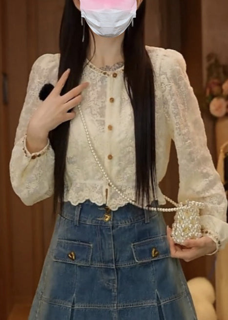 Fine Apricot Embroidered Nail Bead Lace Blouses Fall