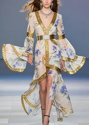 Fine Apricot Print Asymmetrical Design Chiffon Tunic Dresses Flare Sleeve
