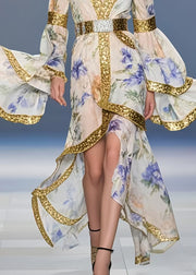 Fine Apricot Print Asymmetrical Design Chiffon Tunic Dresses Flare Sleeve