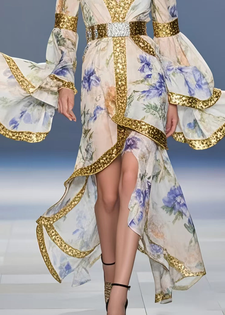 Fine Apricot Print Asymmetrical Design Chiffon Tunic Dresses Flare Sleeve