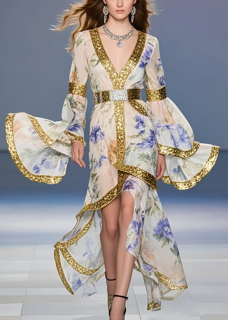 Fine Apricot Print Asymmetrical Design Chiffon Tunic Dresses Flare Sleeve