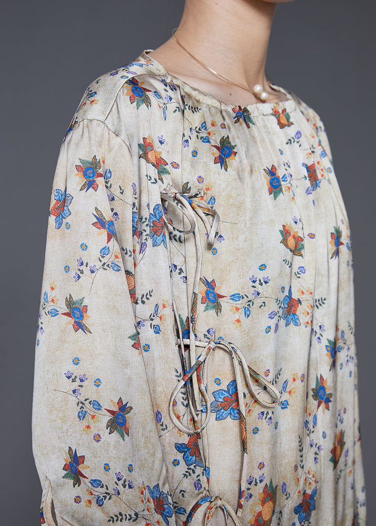 Fine Apricot Print Lace Up Silk Vacation Dresses Half Sleeve
