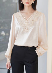 Fine Apricot V Neck Lace Patchwork Silk Tops Fall