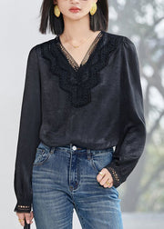 Fine Apricot V Neck Lace Patchwork Silk Tops Fall