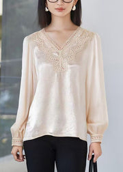 Fine Apricot V Neck Lace Patchwork Silk Tops Fall
