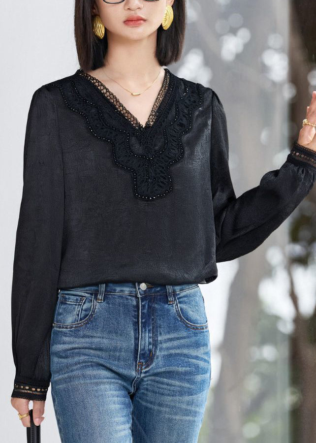 Fine Apricot V Neck Lace Patchwork Silk Tops Fall