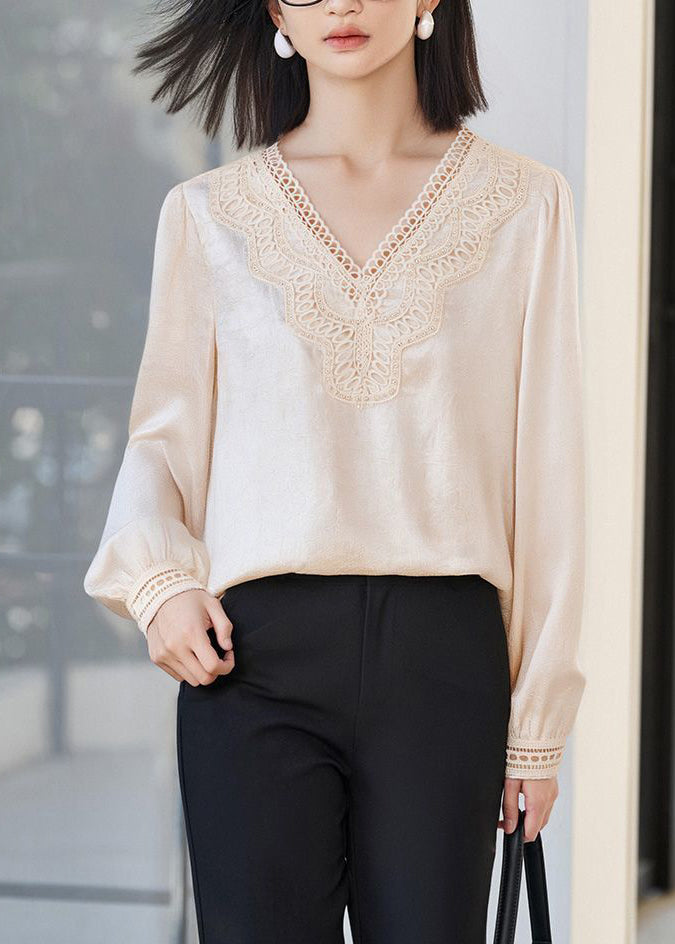 Fine Apricot V Neck Lace Patchwork Silk Tops Fall