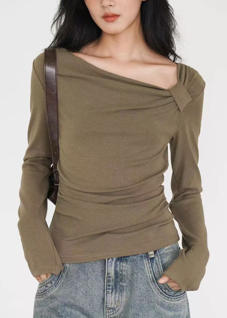 Fine Army Green Asymmetrical Design Cotton Shirts Fall