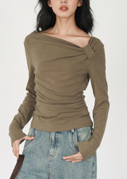 Fine Army Green Asymmetrical Design Cotton Shirts Fall