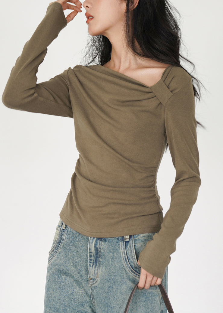 Fine Army Green Asymmetrical Design Cotton Shirts Fall