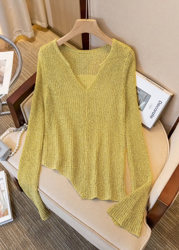 Fine Asymmetrical Design Knit Tops Flare Sleeve