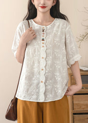 Fine Beige Embroidered Cotton Shirt Tops Summer