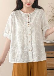 Fine Beige Embroidered Cotton Shirt Tops Summer