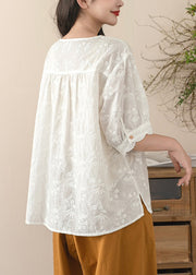 Fine Beige Embroidered Cotton Shirt Tops Summer