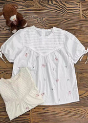 Fine Beige Embroidered Wrinkled Cotton Shirt Summer