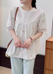 Fine Beige Embroidered Wrinkled Cotton Shirt Summer