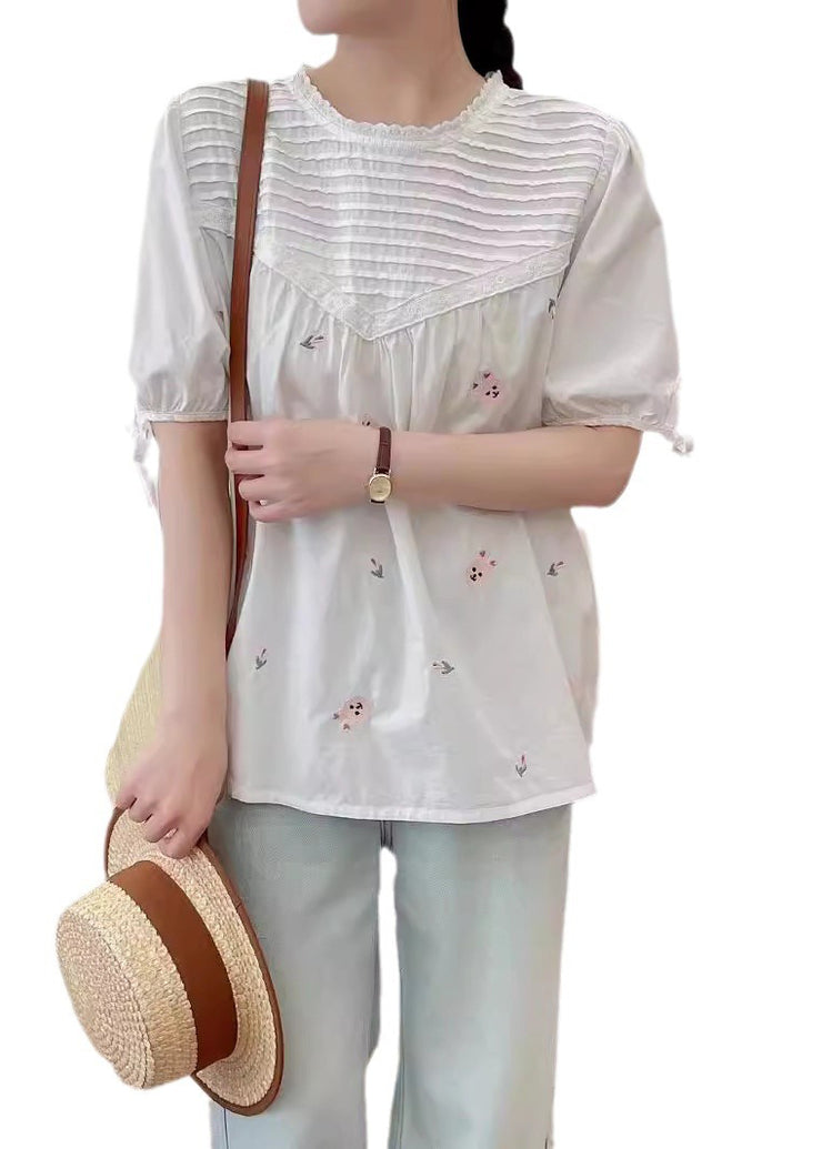 Fine Beige Embroidered Wrinkled Cotton Shirt Summer