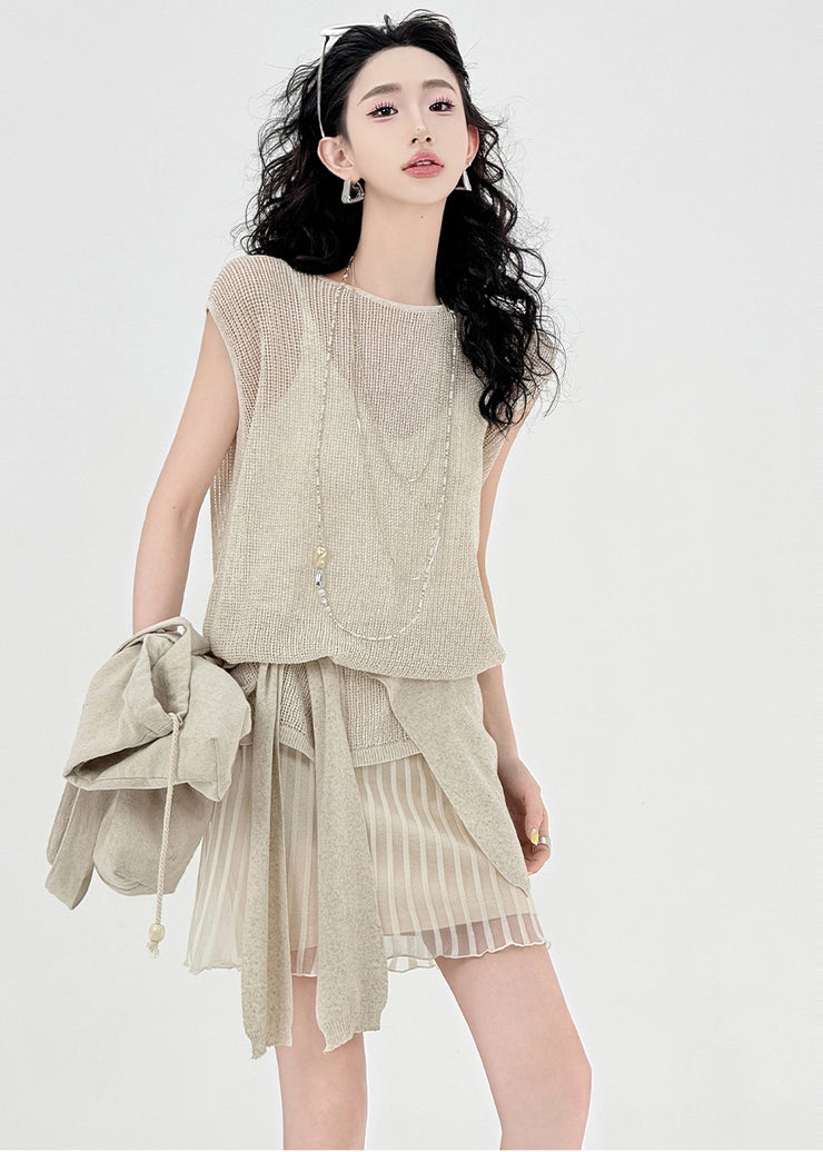Fine Beige Hollow Out Back Side Open Knit Tops Sleeveless